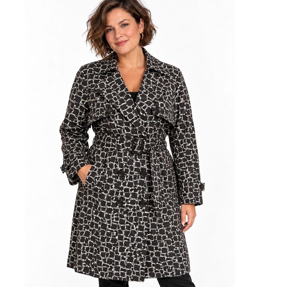 Steve Madden Giraffe Print Trench Coat Womens Size 1X Black White Belted Jacket